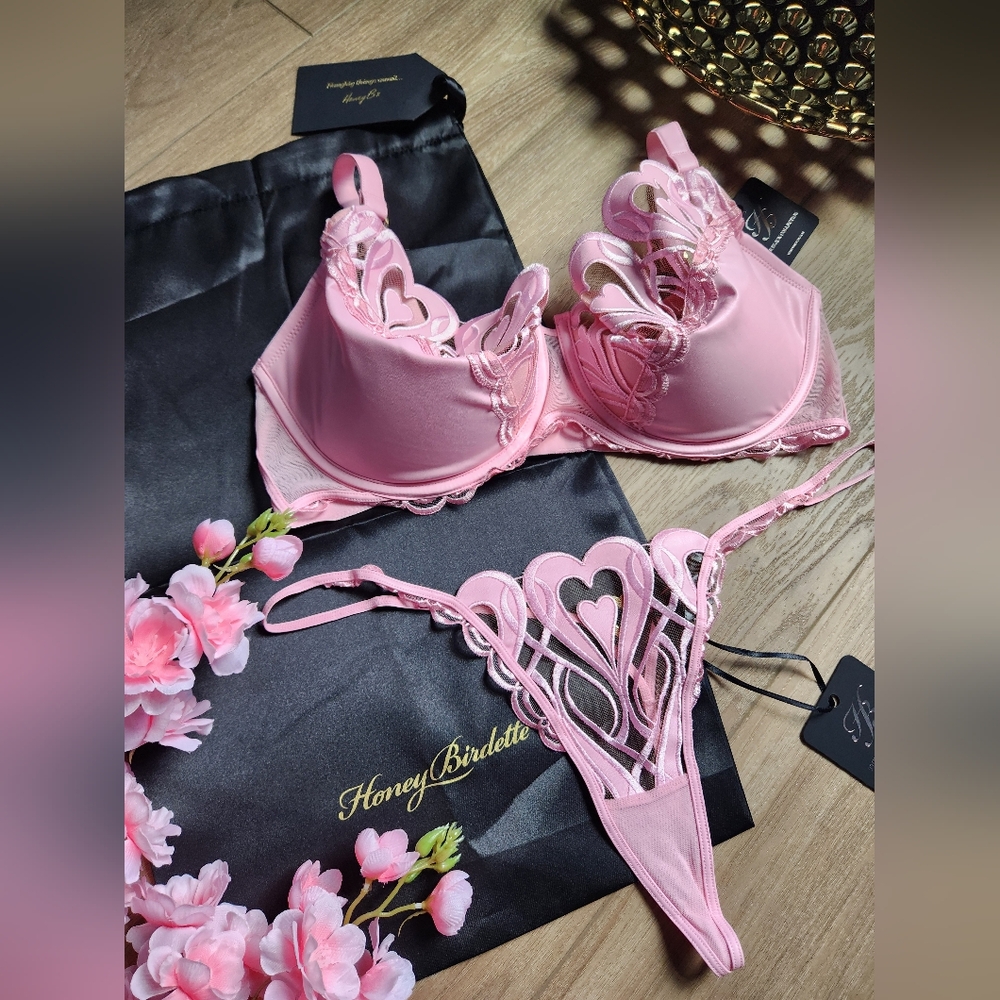Honey Birdette ๐SET๐ Pink HEARTS 40DDD/Fโ Bra XL thong XL suspender NWT - Picture 2 of 16